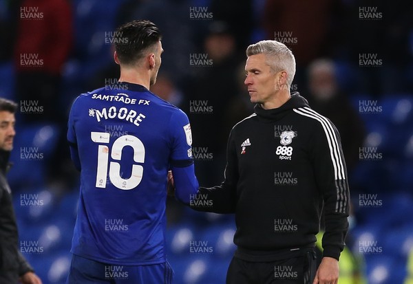 031121 - Cardiff City v Queens Park Rangers, Sky Bet Championship - Cardiff City caretaker manager Steve Morison at the end of the match with Kieffer Moore of Cardiff City