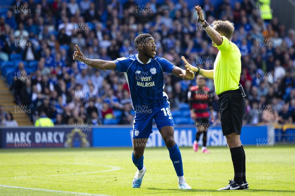 120823 - Cardiff City v Queens Park Rangers - Sky Bet Championship - Ebou Adams of Cardiff City appeals to Match Referee Oliver Langford