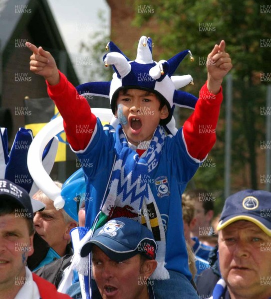 250503 - Cardiff City v Queens Park Rangers - Division Two Play-Off Final - A young Cardiff City fan on his way to the Millennium Stadium