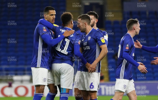 040220 - Cardiff City v Reading, FA Cup Round 4 Replay - Josh Murphy of Cardiff City celebrates with team mates after scoring the first goal