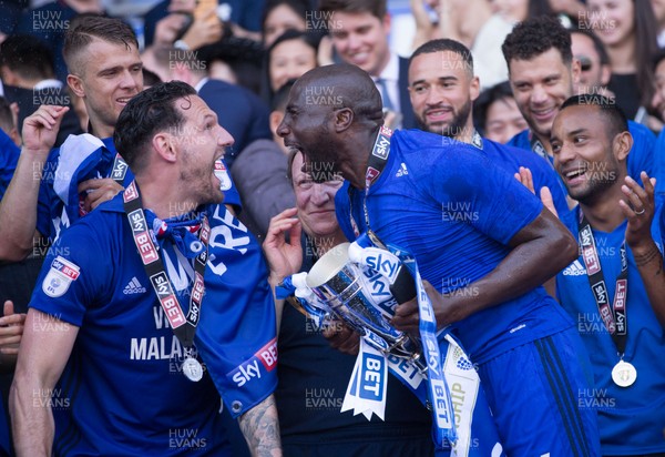 060518 - Cardiff City v Reading, Sky Bet Championship - Sean Morrison of Cardiff City and Sol Bamba of Cardiff City celebrate after winning promotion to the Premier League