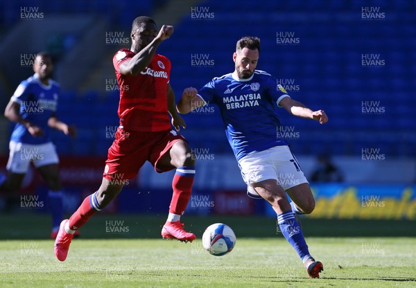 260920 - Cardiff City v Reading - SkyBet Championship - Greg Cunningham of Cardiff City is challenged by Yakou Meite of Reading