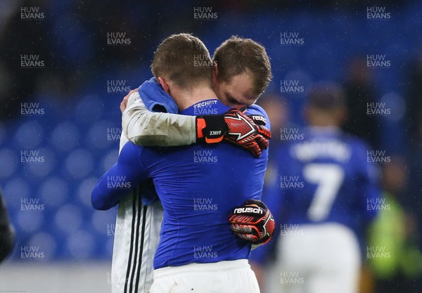 310120 - Cardiff City v Reading, Sky Bet Championship - Cardiff City goalkeeper Alex Smithies and Danny Ward of Cardiff City embrace after paying tribute to Matlock Town's Jordan Sinnott at the end of the match
