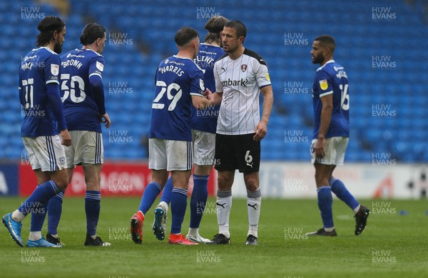 080521 - Cardiff City v Rotherham United, Sky Bet Championship - Richard Wood of Rotherham United is consoled by Cardiff City players at the end of the match
