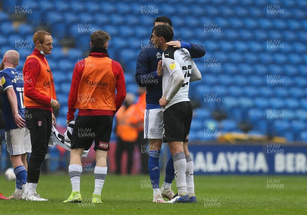 080521 - Cardiff City v Rotherham United, Sky Bet Championship -Matt Crooks of Rotherham United is consoled by Kieffer Moore of Cardiff City at the end of the match