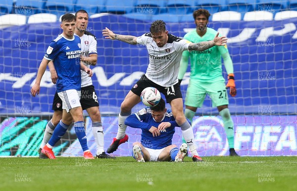 080521 - Cardiff City v Rotherham United, Sky Bet Championship - Angus MacDonald of Rotherham United tangles with Harry Wilson of Cardiff City