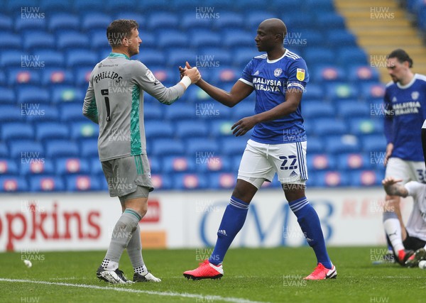 080521 - Cardiff City v Rotherham United, Sky Bet Championship - Sol Bamba of Cardiff City embraces Cardiff City goalkeeper Dillon Phillips at the end of the match