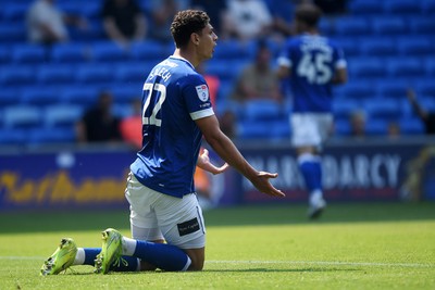 160825 - Cardiff City v Rotherham United - Sky Bet League 1 - Yousef Salech of Cardiff City goes to ground in the box after a challenge from Zak Jules of Rotherham United