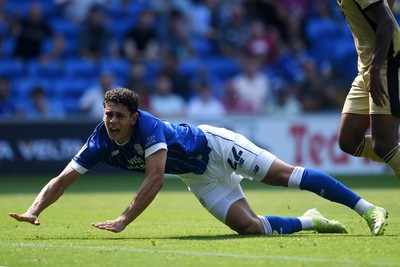 160825 - Cardiff City v Rotherham United - Sky Bet League 1 - Yousef Salech of Cardiff City goes to ground in the box after a challenge from Zak Jules of Rotherham United