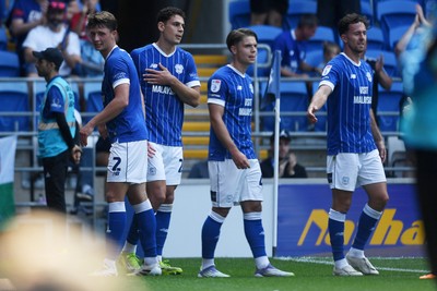 160825 - Cardiff City v Rotherham United - Sky Bet League 1 - Yousef Salech of Cardiff City scores the first goal of the game and celebrates with team mates