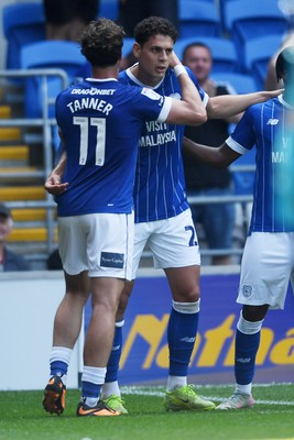 160825 - Cardiff City v Rotherham United - Sky Bet League 1 - Yousef Salech of Cardiff City scores the first goal of the game and celebrates with team mates