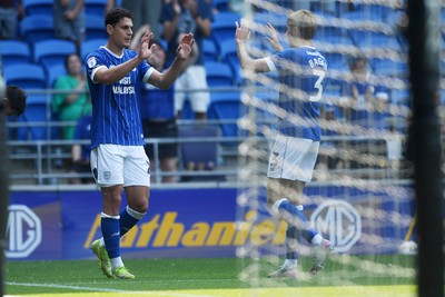 160825 - Cardiff City v Rotherham United - Sky Bet League 1 - Yousef Salech of Cardiff City scores the first goal of the game and celebrates with team mates