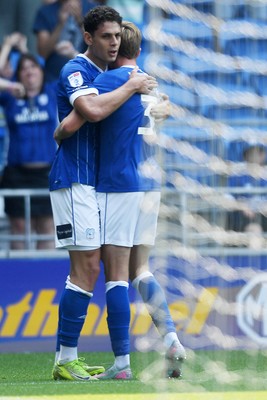 160825 - Cardiff City v Rotherham United - Sky Bet League 1 - Yousef Salech of Cardiff City scores the first goal of the game and celebrates with team mates