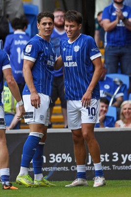160825 - Cardiff City v Rotherham United - Sky Bet League 1 - Rubin Colwill of Cardiff City celebrates scoring the third goal of the match with team mates