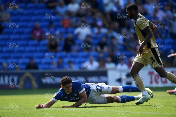 160825 - Cardiff City v Rotherham United - Sky Bet League 1 - Yousef Salech of Cardiff City goes to ground in the box after a challenge from Zak Jules of Rotherham United