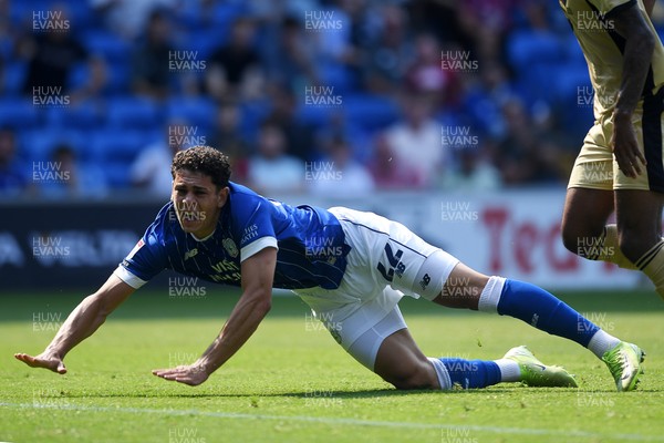 160825 - Cardiff City v Rotherham United - Sky Bet League 1 - Yousef Salech of Cardiff City goes to ground in the box after a challenge from Zak Jules of Rotherham United