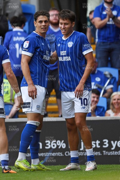 160825 - Cardiff City v Rotherham United - Sky Bet League 1 - Rubin Colwill of Cardiff City celebrates scoring the third goal of the match with team mates