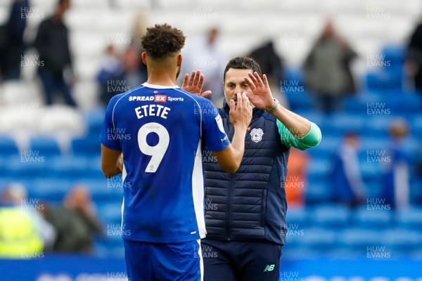 300923 - Cardiff City v Rotherham United - Sky Bet Championship - Kion Etete Of Cardiff City and Cardiff City Manager Erol Bulu at end of game