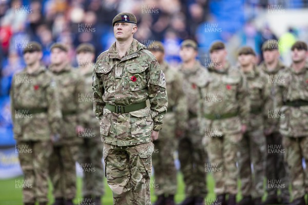 121122 - Cardiff City v Sheffield United - Sky Bet Championship - Welsh Guards on the pitch ahead of kick off