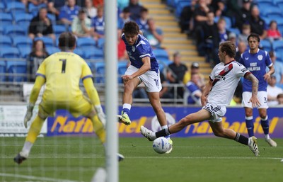 290826 - Cardiff City v Sheffield United - SkyBet Championship - Rubin Colwill of Cardiff City shoots the ball wide of the goal