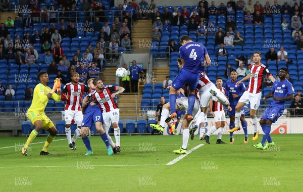 150817 - Cardiff City v Sheffield United, Sky Bet Championship - Sean Morrison of Cardiff City heads to score goal