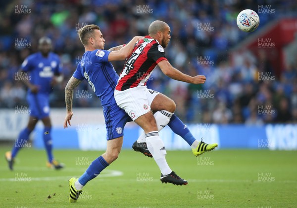 150817 - Cardiff City v Sheffield United, Sky Bet Championship - Joe Ralls of Cardiff City and John Fleck of Sheffield United compete for the ball