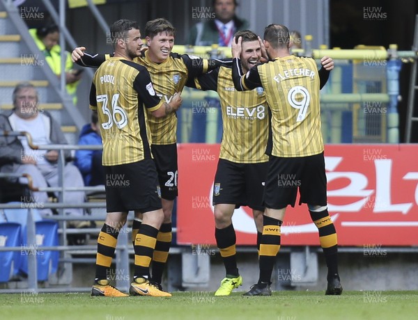 160917 - Cardiff City v Sheffield Wednesday, SkyBet Championship - Sheffield Wednesday players celebrate with Gary Hooper of Sheffield Wednesday after he scores goal