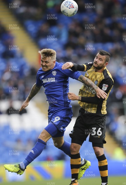 160917 - Cardiff City v Sheffield Wednesday, SkyBet Championship - Danny Ward of Cardiff City and Daniel Pudil of Sheffield Wednesday compete for the ball