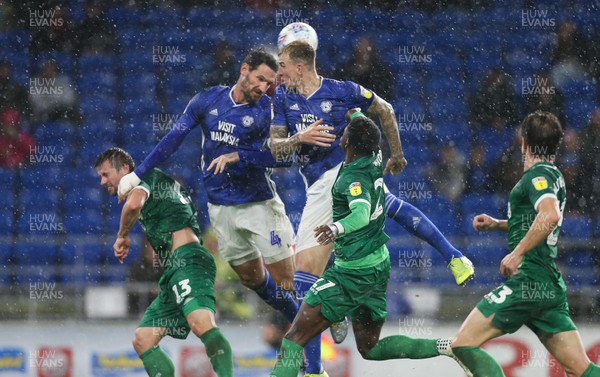 181019 - Cardiff City v Sheffield Wednesday, Sky Bet Championship - Sean Morrison of Cardiff City and Aden Flint of Cardiff City look to head at goal