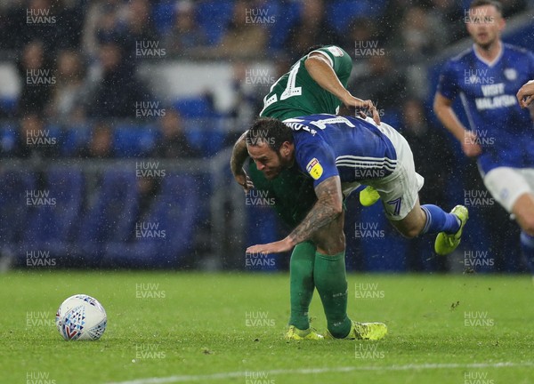 181019 - Cardiff City v Sheffield Wednesday, Sky Bet Championship - Lee Tomlin of Cardiff City is upended by Massimo Luongo of Sheffield Wednesday
