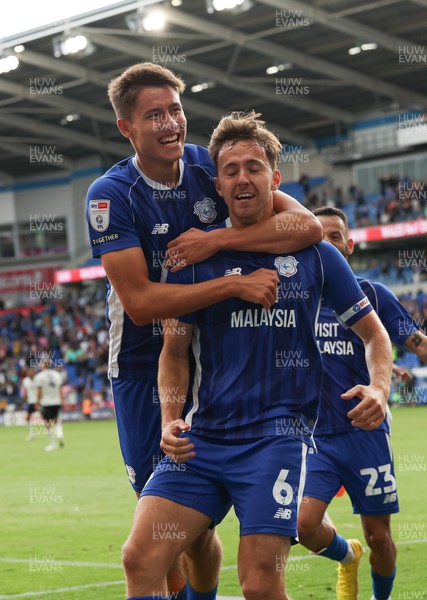 260823 - Cardiff City v Sheffield Wednesday, Sky Bet Championship - Ryan Wintle of Cardiff City celebrates along with Rubin Colwill of Cardiff City after he shoots to score from the penalty spot
