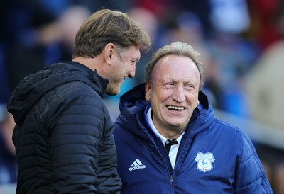 081218 - Cardiff City v Southampton, Premier League - Southampton manager Ralph Hasenhuttl with Cardiff City manager Neil Warnock at the start of the match