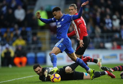 081218 - Cardiff City v Southampton, Premier League - Josh Murphy of Cardiff City tries to get past Southampton goalkeeper Alex McCarthy