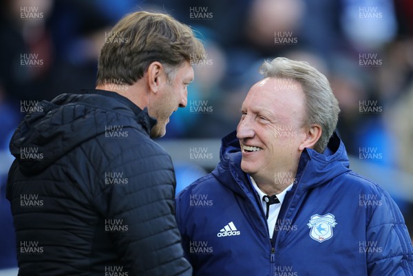 081218 - Cardiff City v Southampton, Premier League - Southampton manager Ralph Hasenhuttl with Cardiff City manager Neil Warnock at the start of the match