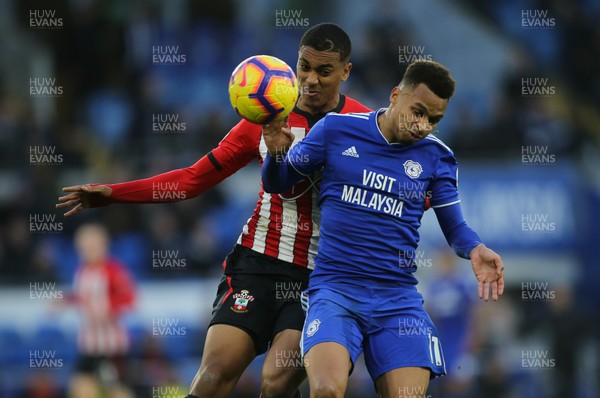 081218 - Cardiff City v Southampton, Premier League - Josh Murphy of Cardiff City and Yan Valery of Southampton compete for the ball