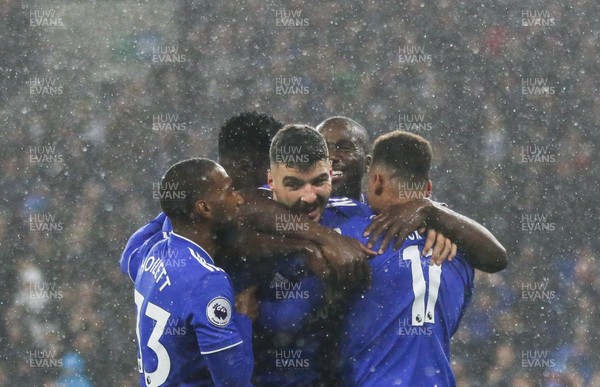 081218 - Cardiff City v Southampton, Premier League - Callum Paterson of Cardiff City celebrates with team mates after scoring goal