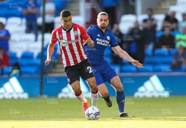 270721 - Cardiff City v Southampton, Pre-season Friendly - Mohamed Elyounoussi of Southampton is challenged by Ciaron Brown of Cardiff City