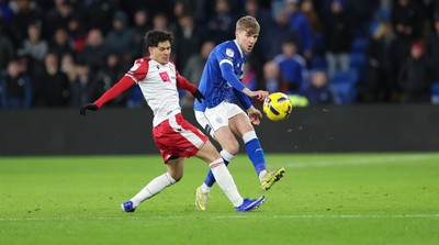291225 - Cardiff City v Stevenage, EFL Sky Bet League 1 - Joel Bagan of Cardiff City plays the ball past Phoenix Patterson of Stevenage