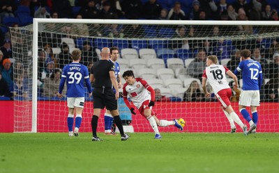 291225 - Cardiff City v Stevenage, EFL Sky Bet League 1 - Phoenix Patterson of Stevenage wheels away to celebrates after scoring goal