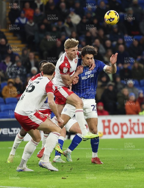291225 - Cardiff City v Stevenage, EFL Sky Bet League 1 - Yousef Salech of Cardiff City and Carl Piergianni of Stevenage compete for the ball