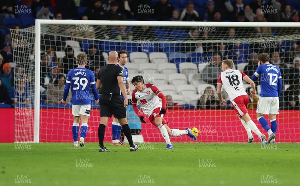 291225 - Cardiff City v Stevenage, EFL Sky Bet League 1 - Phoenix Patterson of Stevenage wheels away to celebrates after scoring goal