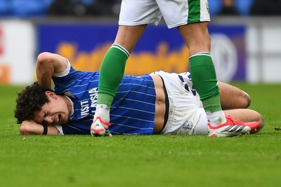 240126 - Cardiff City v Stockport County - Sky Bet League 1 - Yousef Salech of Cardiff City goes down injured
