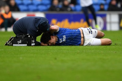 240126 - Cardiff City v Stockport County - Sky Bet League 1 - Yousef Salech of Cardiff City goes down injured