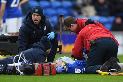 240126 - Cardiff City v Stockport County - Sky Bet League 1 - Yousef Salech of Cardiff City goes down injured