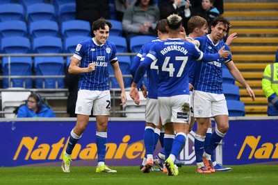 240126 - Cardiff City v Stockport County - Sky Bet League 1 - Joel Colwill of Cardiff City celebrates scoring a goal with team mates