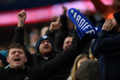 240126 - Cardiff City v Stockport County - Sky Bet League 1 - Cardiff fans celebrate after Joel Colwill of Cardiff City scores a goal