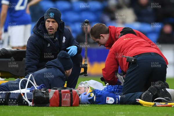 240126 - Cardiff City v Stockport County - Sky Bet League 1 - Yousef Salech of Cardiff City goes down injured