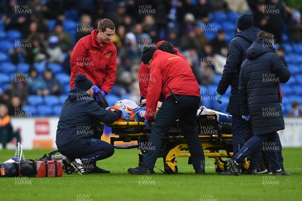 240126 - Cardiff City v Stockport County - Sky Bet League 1 - Yousef Salech of Cardiff City is stretchered off after picking up an injury