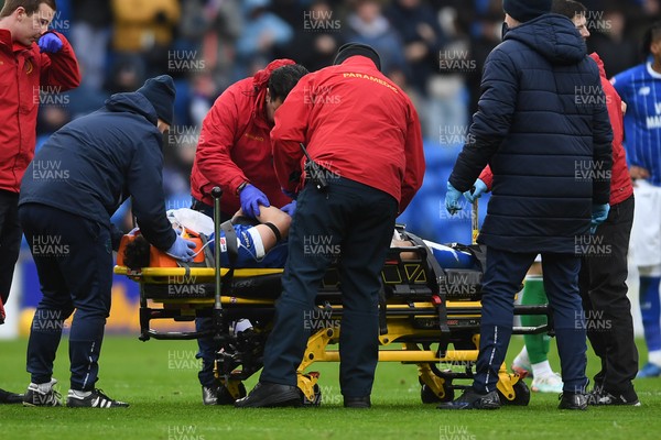 240126 - Cardiff City v Stockport County - Sky Bet League 1 - Yousef Salech of Cardiff City is stretchered off after picking up an injury