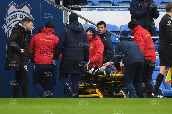 240126 - Cardiff City v Stockport County - Sky Bet League 1 - Yousef Salech of Cardiff City is stretchered off after picking up an injury